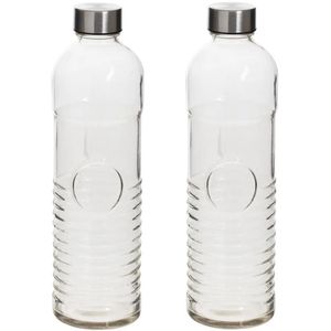 Waterflessen/drinkflessen - 2x - D8 x H29 cm - 1 liter - ribbel glas