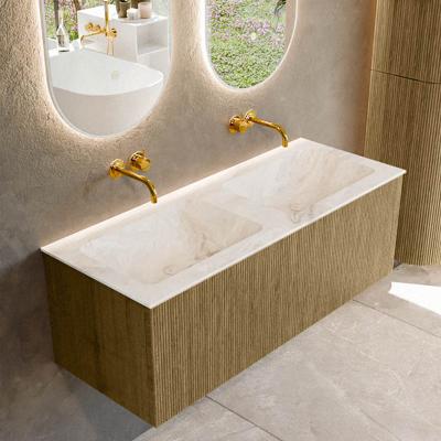 Badmeubel Mondiaz Kurve-Dlux | 120 cm cm | Meubelkleur Dusk | Wastafelkleur Frappe | Solid surface | Wasbak beiden zijden spoelbak | Zonder kraangat(en)