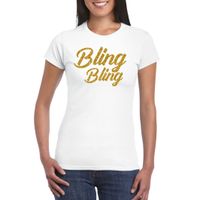 Glitter glamour feest t-shirt dames - bling bling goud - wit - feestkleding