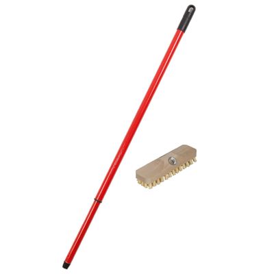 Houten luiwagen schrobborstel/schrobber inclusief metalen telescoopsteel rood 130 cm