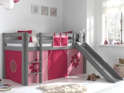 Bed ALIZE met glijbaan 90x200 cm grijs pijnboom tent Flower