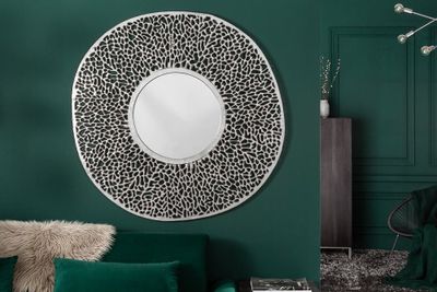 Design wandspiegel ABSTRACT LEAF XXL 115cm zilver in bladpatroon van metaal, handgemaakt - 41648