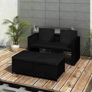 3-delige Loungeset met kussens poly rattan zwart