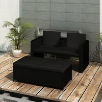 3-delige Loungeset met kussens poly rattan zwart - thumbnail