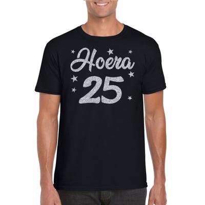 Hoera 25 jaar verjaardag - cadeau t-shirt - zwart - zilver glitter print - heren