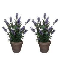 Kunstplant Lavendula/lavendel - 2x - groen/paars - D22 x H33 cm - kamerplant - kunstbloemen