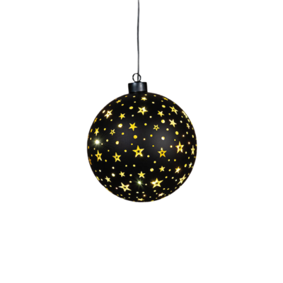 Kersthanger bal glas gouden binnenkant met sterren 12led warm wit op batterij met timer d15 cm zwart/goud - Annas collection