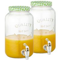 Set van 2x stuks glazen drankdispensers/limonadetap met groen/wit geblokte dop 3,5 liter