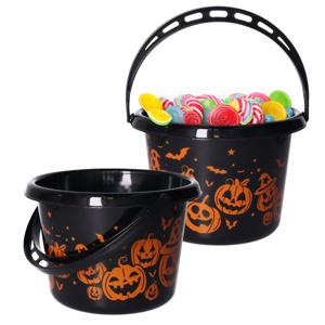 Trick or treat snoep emmertje - 2x - pompoen thema - zwart - 18 x 16 cm - Halloween snoepjes ophalen