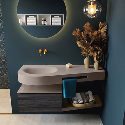 MONDIAZ RIVA 120cm badmeubel onderkast / planchet kleur Antracite met 1 lade. Wastafel DULCET links 0 kraangaten kleur Smoke. MONDIAZ RIVA 120cm badmeubel onderkast / planchet kleur Antracite met 1 lade. Wastafel DULCET links 0 kraangaten kleur Smoke.