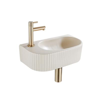 QeramiQ Fuente Fonteinset - 40x21.5x12cm - links - geribbeld - halfrond - 1 kraangat - keramiek - fonteinkraan geborsteld messing - afvoerplug - verlaagd sifon - beige SW1209549/SW696208/SW696218/SW696238