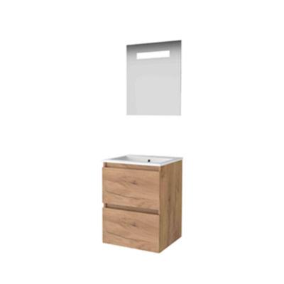 Basic-Line Economic 46 Badkamermeubelset - 50 x 46 cm - Greeploos - 2 Lades - Keramische Wastafel - 1 Kraangat - Spiegel met LED Verlichting - Whisky Oak