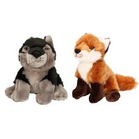 Bosdieren zachte pluche knuffels 2x stuks - Wolf en Vos van 18 cm - thumbnail