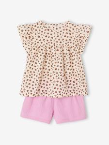 Set blouse met bloemen en short van katoengaas voor meisjes lila