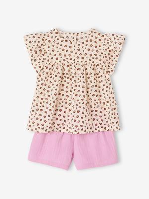 Set blouse met bloemen en short van katoengaas voor meisjes lila