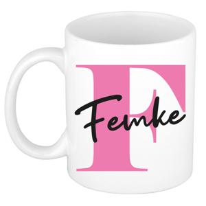 Naam mok Femke - roze - wit - keramiek - 300 ml - verjaardag/cadeau beker