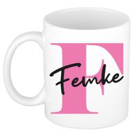 Naam mok Femke - roze - wit - keramiek - 300 ml - verjaardag/cadeau beker - thumbnail