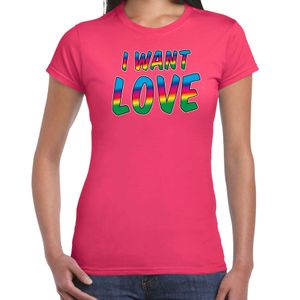 Gay Pride t-shirt met tekst - dames - roze - I want love - LHBTI