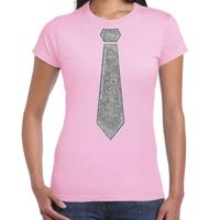 Verkleed t-shirt voor dames - stropdas glitter zilver - licht roze - carnaval - foute party - thumbnail