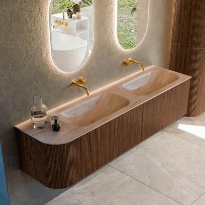 Badmeubel Mondiaz Kurve-Dlux | 175 cm | Meubelkleur Walnut | Wastafelkleur Saba | Solid surface | Dubbel / Rechts spoelbak | Zonder kraangat(en)