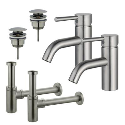 Fortifura Calvi Wastafelkraanset - voor dubbele wastafel - lage wastafelkraan - klikwaste plug - design sifon - Geborsteld RVS PVD (RVS) 2x SW377856/2x SW696201/2x SW696212