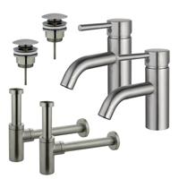 Fortifura Calvi Wastafelkraanset - voor dubbele wastafel - lage wastafelkraan - klikwaste plug - design sifon - Geborsteld RVS PVD (RVS) 2x SW377856/2x SW696201/2x SW696212