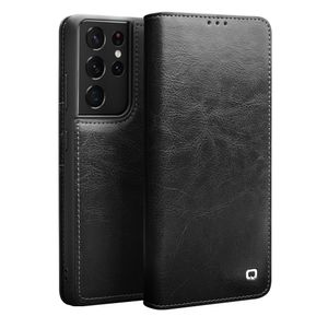 Qialino - echt lederen luxe wallet hoes - Samsung Galaxy S21 Ultra - Zwart