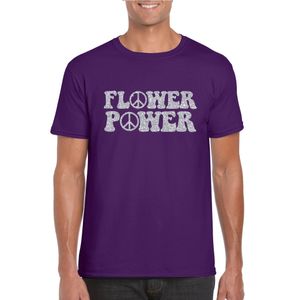 Paars Flower Power t-shirt peace tekens met zilveren letters heren