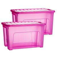 Opslagbox met deksel - 2x - transparant roze - 47 liter - 54 x 38 x 32 cm - kunststof