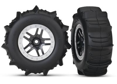 Tires & wheels, assembled, glued (SCT Split-Spoke satin chrome, beadlock style wheels, paddle tires, foam inserts) (2) (4WD front/rear, 2WD rear on...
