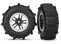 Tires & wheels, assembled, glued (SCT Split-Spoke satin chrome, beadlock style wheels, paddle tires, foam inserts) (2) (4WD front/rear, 2WD rear on...