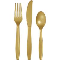 Feest bestek setje - 18-delig - herbruikbaar kunststof - goud - messen/vorken/lepels   -