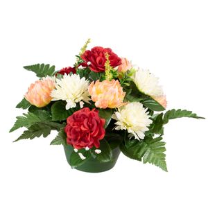 Kunstbloemen boeket crysanten in pot - zalm/rood/creme - D30 x H24 cm - Bloemstuk - Bladgroen