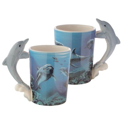 Puckator Koffiemok Dolfijn - Set van 2x stuks - met ornament - 280 ML - drinkbeker - dieren thema Puckator Koffiemok Dolfijn - Set van 2x stuks - met ornament - 280 ML - drinkbeker - dieren thema