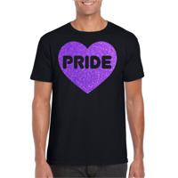 Bellatio Decorations Gay Pride T-shirt voor heren - pride - paars glitter hartje - zwart - LHBTI 2XL  -