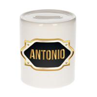 Spaarpot met voornaam Antonio - wit - goud/zwart embleem - 8 x 9 cm - keramiek - afsluitdop