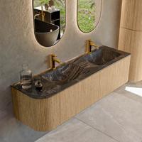 Mondiaz KURVE-DLUX 155 cm Onderkast Greeploos 2 Lades Met Deuren Oak, Wastafel Solid Surface Rechts Lava 2 Kraangaten Zonder Spiegel (KRVLEA155L2L1D2KD-Oak/Lav)