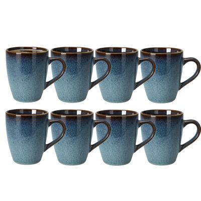 Koffiemokken Pompei - 8x stuks - Keramiek - blauw - 350 ml - 9 x 11 cm - old stone look