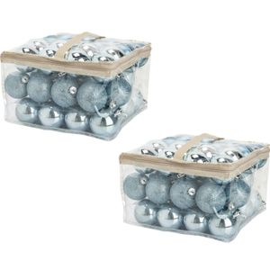 96x stuks kunststof kerstballen ijsblauw 6 cm in opbergtassen/opbergboxen