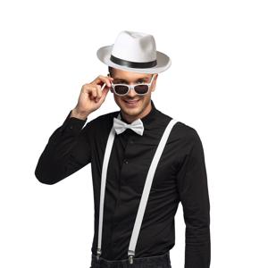 Carnaval verkleedset Gangster - hoed/bretels/bril/strikje - wit - heren/dames - verkleedkleding