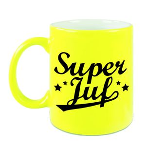 Super juf beker / mok neon geel 330 ml - afscheidscadeau / bedankt cadeau   -