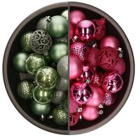 74x stuks kunststof kerstballen mix van salie groen en fuchsia roze 6 cm - Kerstbal