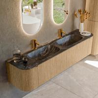 Badmeubel Mondiaz Kurve-Dlux | 190 cm | Meubelkleur Oak | Wastafelkleur Lava | Solid surface | Dubbele spoelbak | 2 kraangaten Badmeubel Mondiaz Kurve-Dlux | 190 cm | Meubelkleur Oak | Wastafelkleur Lava | Solid surface | Dubbele spoelbak | 2 kraangaten