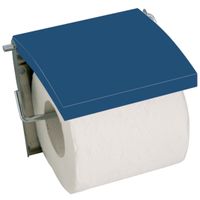 Toiletrolhouder wand/muur - metaal en MDF hout klepje - donkerblauw - thumbnail