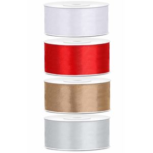 4x rollen satijnlint rood-goud-zilver-zwart 2.5 cm x 25 meter