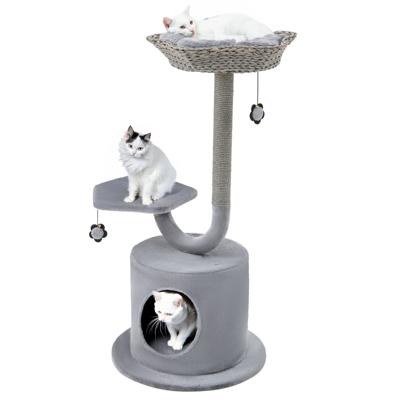 3-Niveau Binnenkattenboom 106 cm Kattentoren met Gebogen Metalen Frame Krabpaal Zitstok 50 x 50 x 106 cm Grijs