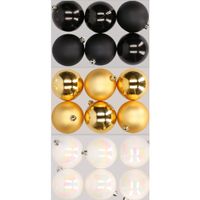 18x stuks kunststof kerstballen mix van zwart, parelmoer wit en goud 8 cm   - - thumbnail