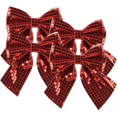 Decoris Kerst strik - 4x - rood - pailletten - 20 x 24 cm - polyester