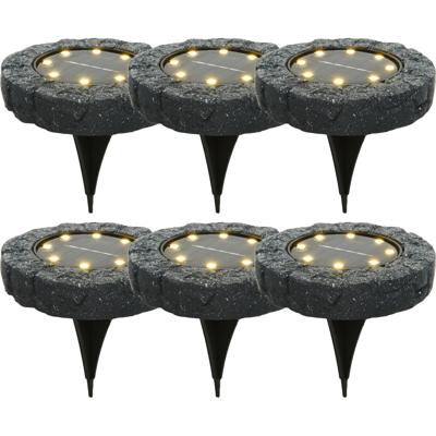 Lumineo Solar grond prikspot/tuinspot - 6x - LED - kunststeen - steengrijs - warm wit - 11 x 2 cm