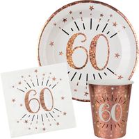 Verjaardag feest bekertjes/bordjes en servetten leeftijd - 30x - 60 jaar - rose goud - thumbnail